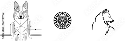 Silhouette pictograms showcasing a geometric wolf design, circular emblem, and a classic wolf outline set against a clean background