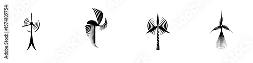Silhouette pictograms representing various wind turbine designs and wind energy concepts in isolated vector format