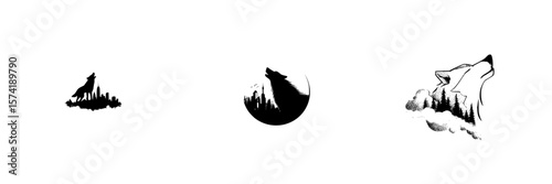 Exploring nature and urban landscape through silhouette pictograms depicting wolves during twilight
