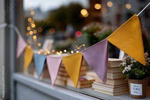 Colorful triangle bunting decor over stacked books in cozy shop window display
