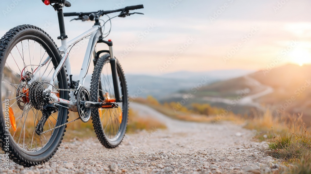 Obraz premium Mountain Bike Adventure: A mountain bike poised on a rugged trail, with a panoramic vista of winding pathways and hills in the distance, bathed in the warmth of the setting sun.