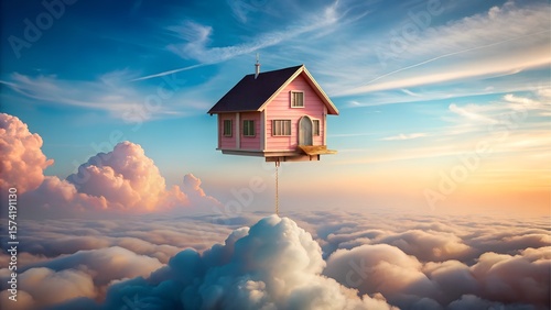 Pink house floating in the sky
