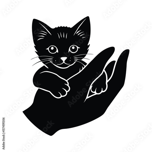 Black silhouette of a kitten held in cupped hands on a white background animal