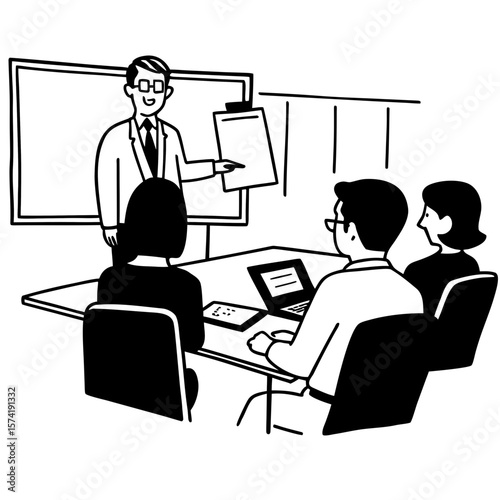 Skilled 30s caucasian leader in eyeglasses coaching interested business people, giving educational workshop presentation in office. Concentrated employees listening to professional coach at workshop.