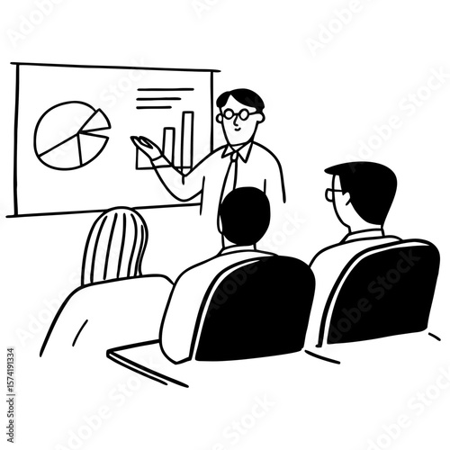 Skilled 30s caucasian leader in eyeglasses coaching interested business people, giving educational workshop presentation in office. Concentrated employees listening to professional coach at workshop.