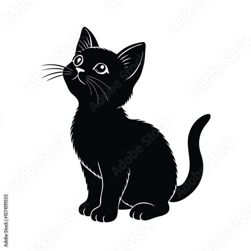 Black kitten silhouette looking up with curiosity on white background vector