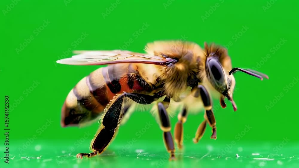 Honeybee Close-Up on Green Background