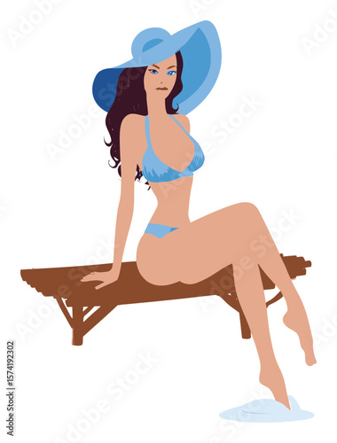 Elegant Woman Relaxing by the Poolside in a Cartoon Style