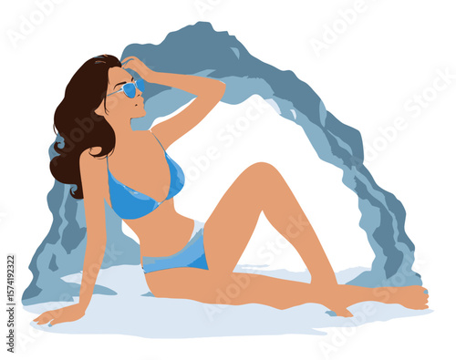 Woman Relaxing on Beach in Bikini with Sunglasses by Rock Cave