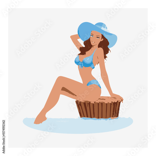 Stylish Cartoon Woman in Swimsuit Relaxing on a Raft