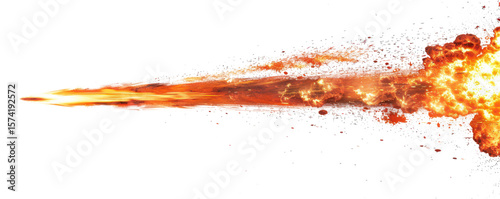 fiery bullet rocket shot with fire explosion trail isolated on white or transparent png