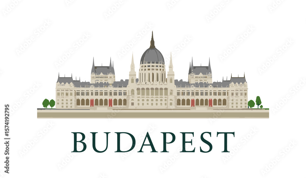 Fototapeta premium Elegant vector of Budapest Parliament with detailed classical architecture. Clean white background for premium travel or design content