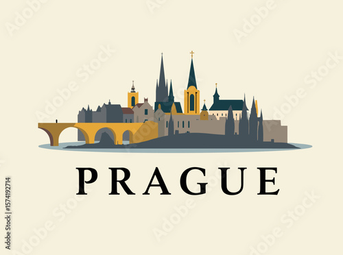 Vector of Prague with golden bridge and cityscape on hilltop. Medieval and romantic feel with minimalist design
