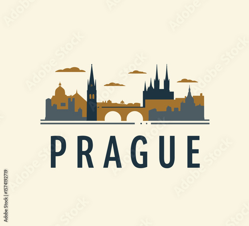Flat vector of Prague skyline with detailed historic buildings and bridge. Clean and iconic representation of the Czech capital
