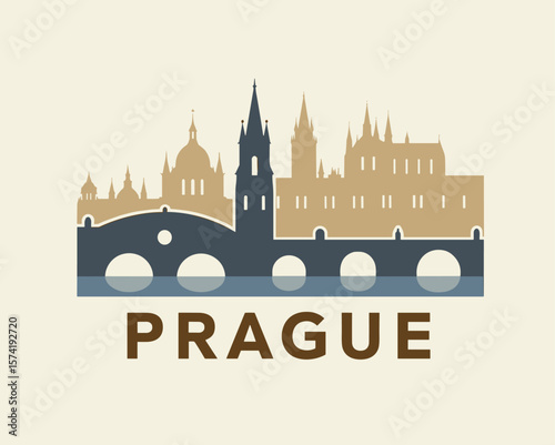 Minimal vector of Prague skyline with Charles Bridge and classic architecture in warm tones. Elegant and traditional design