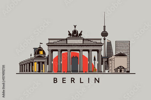 Berlin skyline vector with Brandenburg Gate, modern buildings, and red sun. Minimal design with iconic landmarks on neutral background