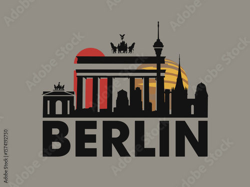 Stylized vector of Berlin skyline with sunset silhouettes and famous landmarks. Modern dark background with city highlights
