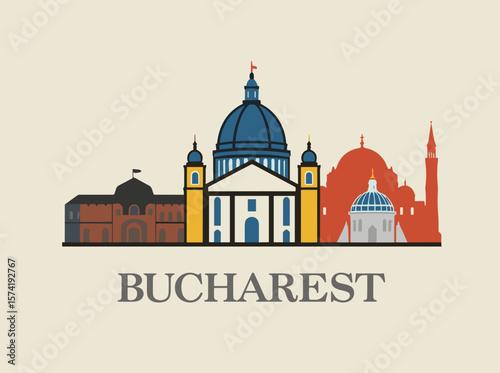 Flat vector illustration of Bucharest with iconic architecture and colorful buildings. Clean and classic layout ideal for travel or editorial