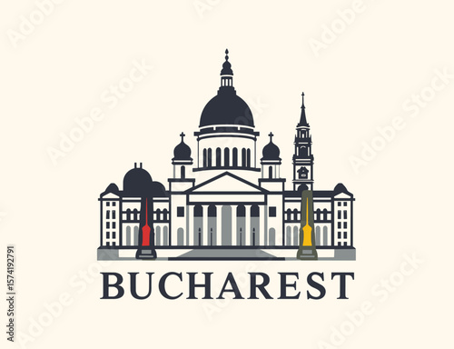 Vector skyline of Bucharest with grand architecture in flat minimal style. Includes iconic buildings and bold lettering.