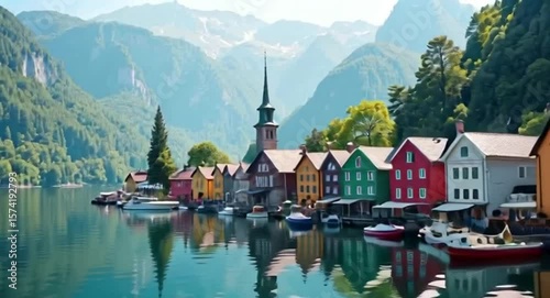 Wallpaper Mural Exploring Calm Lake Town Reflecting Mountains and Colorful Buildings Torontodigital.ca