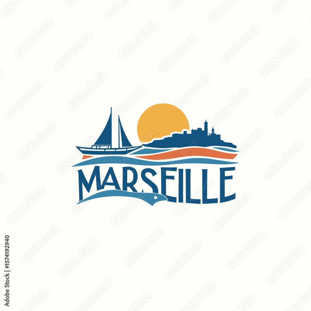Naklejka premium Creative Marseille vector with custom lettering, sailboat and city on hill. Sunset coastal concept