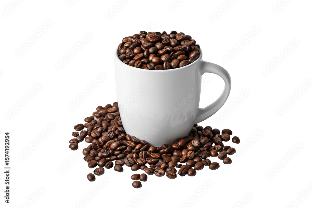 Fototapeta premium A white coffee mug with many coffee beans, isolated on a transparent background.