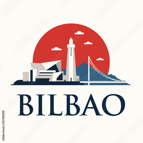 Vector of Bilbao skyline with bridge, modern buildings, mountains and red sun. Spanish urban style