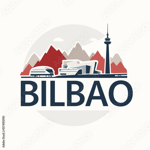 Stylized vector of Bilbao with iconic architecture and red mountains. Artistic and modern urban view