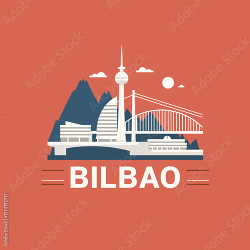 Vector illustration of Bilbao with bridge, modern buildings and mountains. Contemporary Spanish city design
