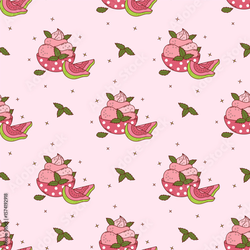 Seamless Pattern with Guava Creamy sweet dessert ice cream on Pink Background with tropical Fruit slices and Mint leaves. Summer Refreshing Exotic food. Vector illustration