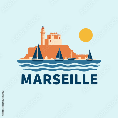 Flat vector of Marseille with sailboats, waves, and historical hilltop building. Calm seaside vibe