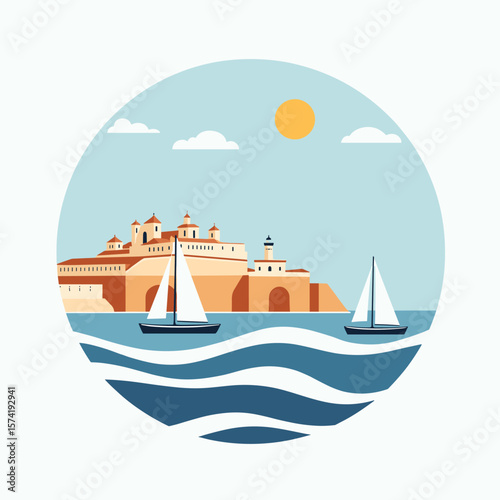 Vector of coastal city with sailing boats, fortress and lighthouse under sunny sky. Minimal and scenic travel design