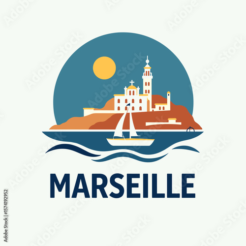 Vector of Marseille with sailboat, sea and church on hill. Mediterranean coastal view in flat style