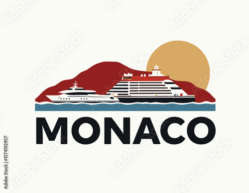 Vector of Monaco with cruise ship, luxury yacht, red mountain and golden sun. Exclusive maritime scene
