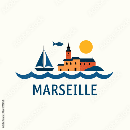 Wallpaper Mural Vector of Marseille with sailing boat, church, sun and fish. Fun and minimal coastal scene Torontodigital.ca