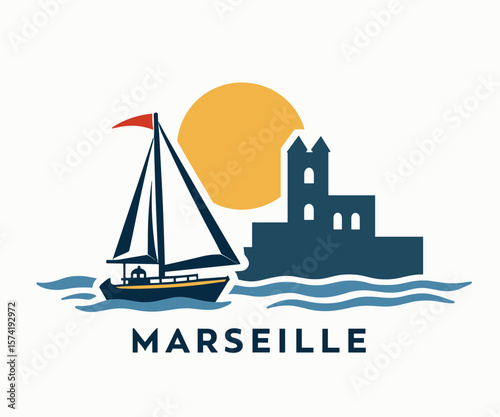 Vector of Marseille with sailing boat, fort and sun. French coastal travel scene in flat style