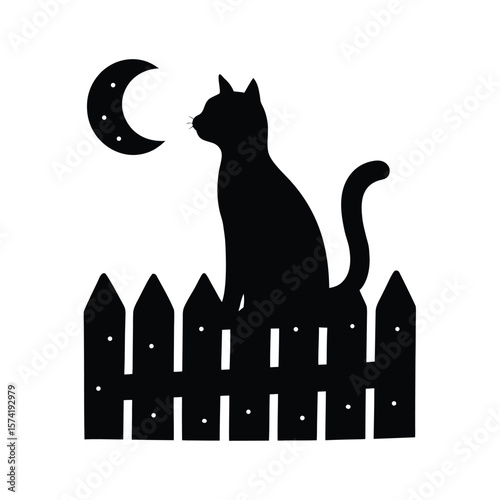 Black cat silhouette sitting on a picket fence under a crescent moon vector