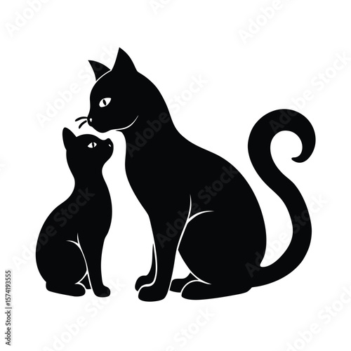 Black silhouette of mother cat licking kitten on white background animal