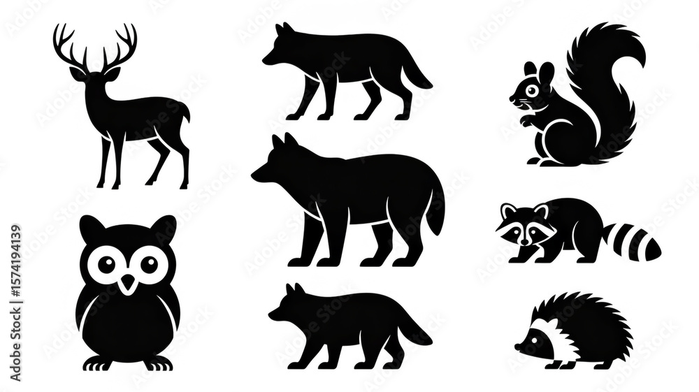 Fototapeta premium A set of black silhouette illustrations of woodland animals arranged on a white background.