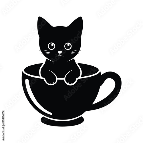 Black kitten silhouette sitting in a white teacup with wide eyes vector