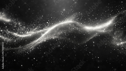 Sparkling white particles swirling on a dark background. Abstract waves of glitter and light.
Shimmering dust trails in a black void.