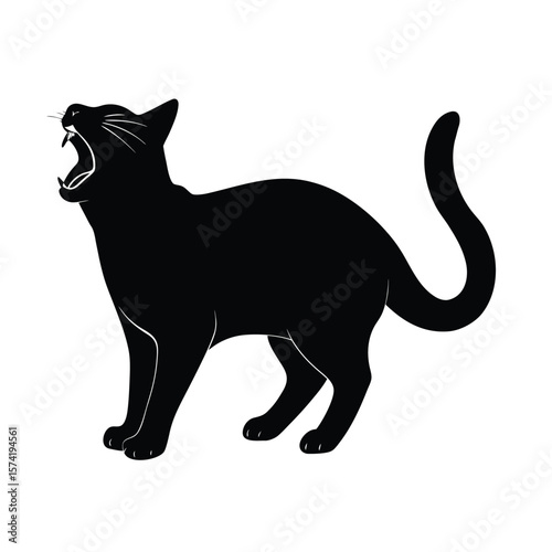 Black cat silhouette yawning wide with front paws stretched forward stretching