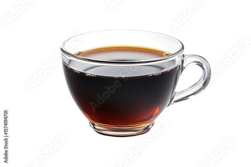 Hot dark coffee in clear glass cup on black background drink beverage caffeine transparent elegant