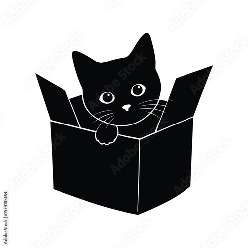 Black kitten silhouette peeking out of open cardboard box on white background vector
