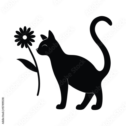 Black cat silhouette sniffing a daisy flower on white background vector