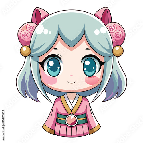 Cute anime girl with light gray hair, pink cheeks, and a traditional Japanese kimono