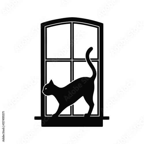 Black cat silhouette stretching across arched window pane on white background feline animal