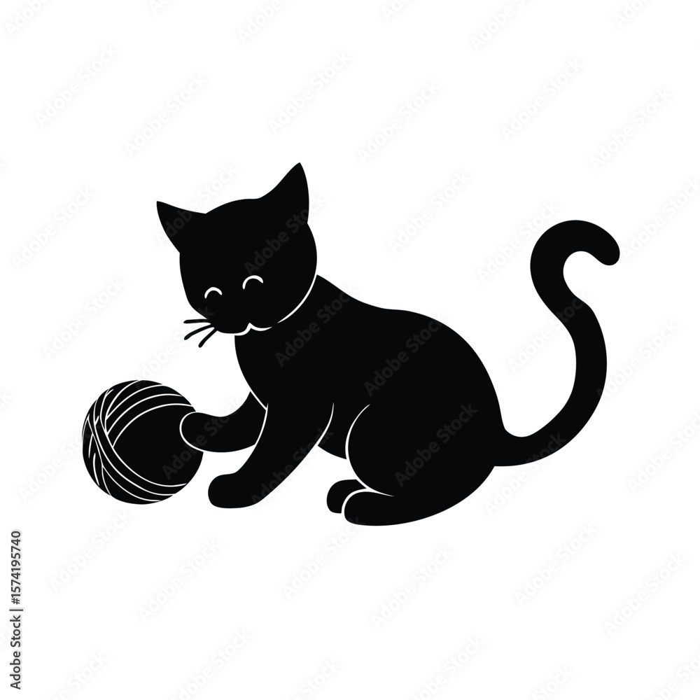 Fototapeta premium Black kitten silhouette playing with a textured yarn ball on white background vector