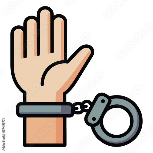 Cartoon Handcuffed Hand Beige Skin Tone Grey Metal Cuffs Black Outline Simple Illustration