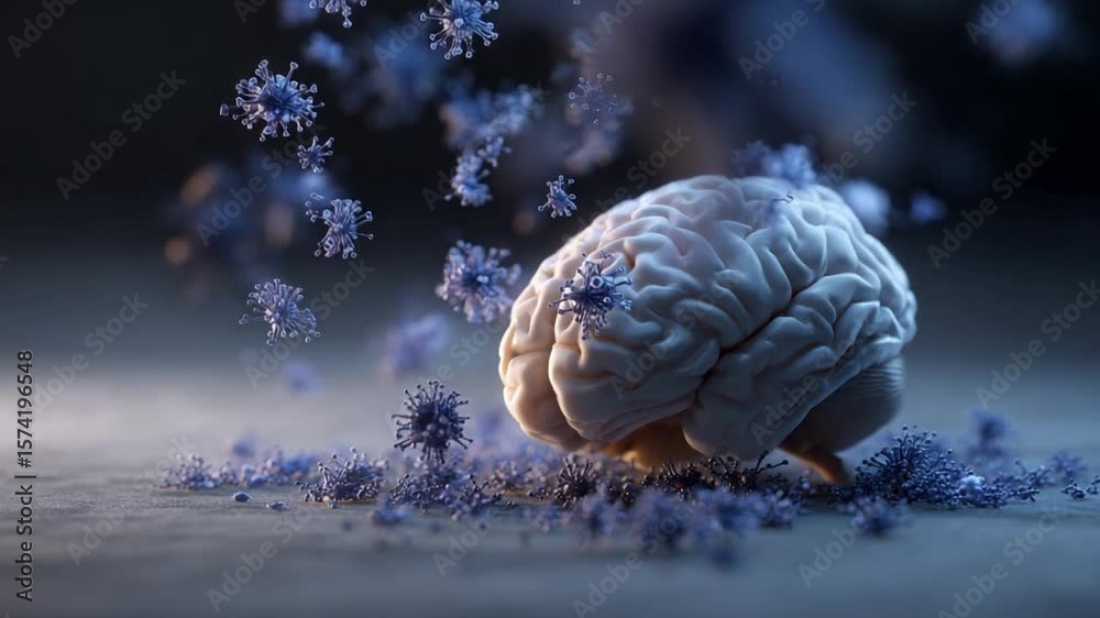 Brain besieged: An intricate illustration showcases a human brain under siege by viral particles, symbolizing mental health and the impact of stress. 